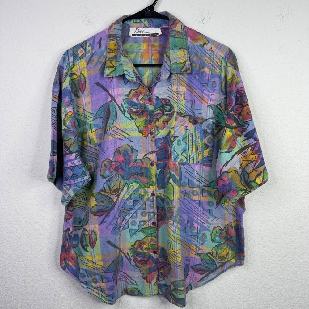 Vintage Diana Marco‎ Shirt Womens L Colorful Geometric Artsy Abstract Maximalist